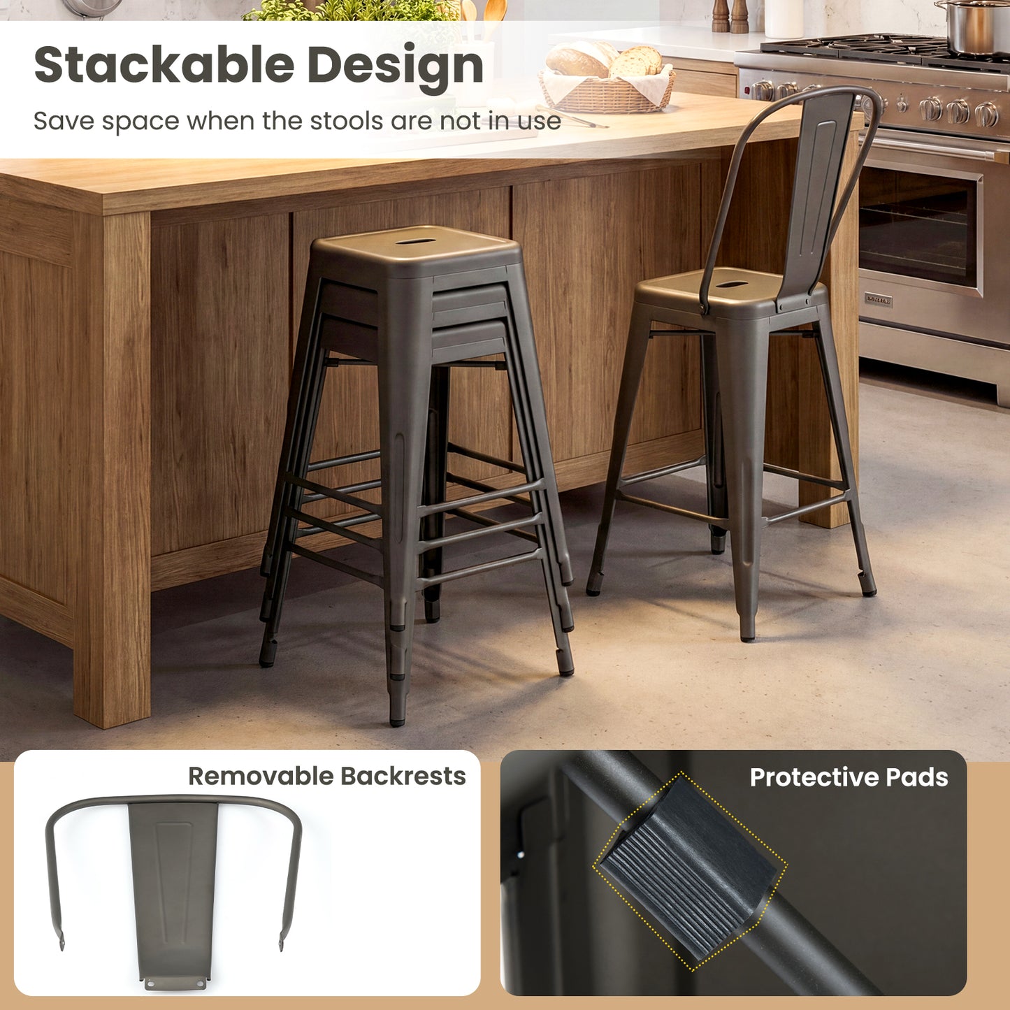 Set of 4 Metal Bar Stools with Backrests and Footrests-Gun Metal