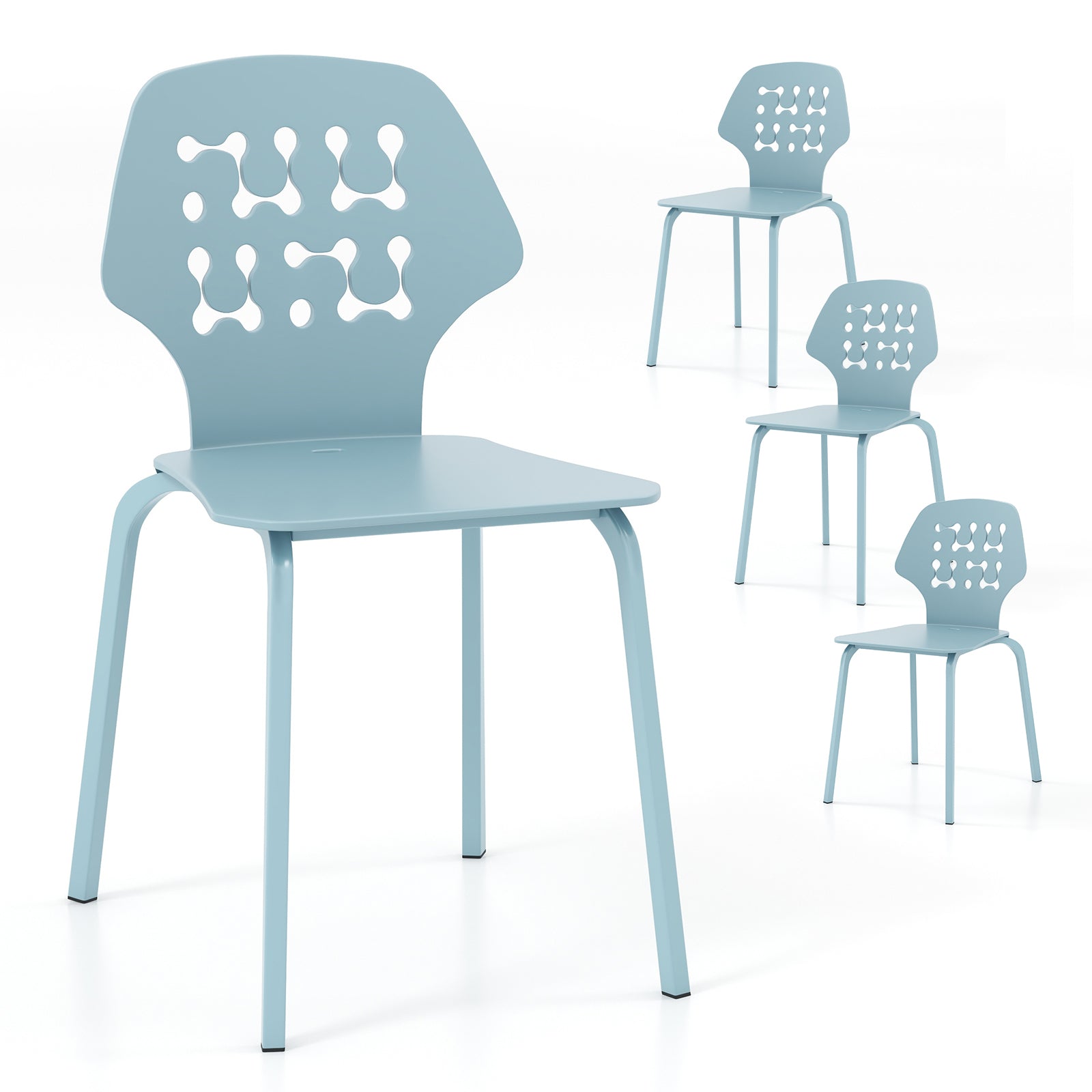 Set of 4 Metal Dining Chair with Hollowed Backrest and Metal Legs-Blue