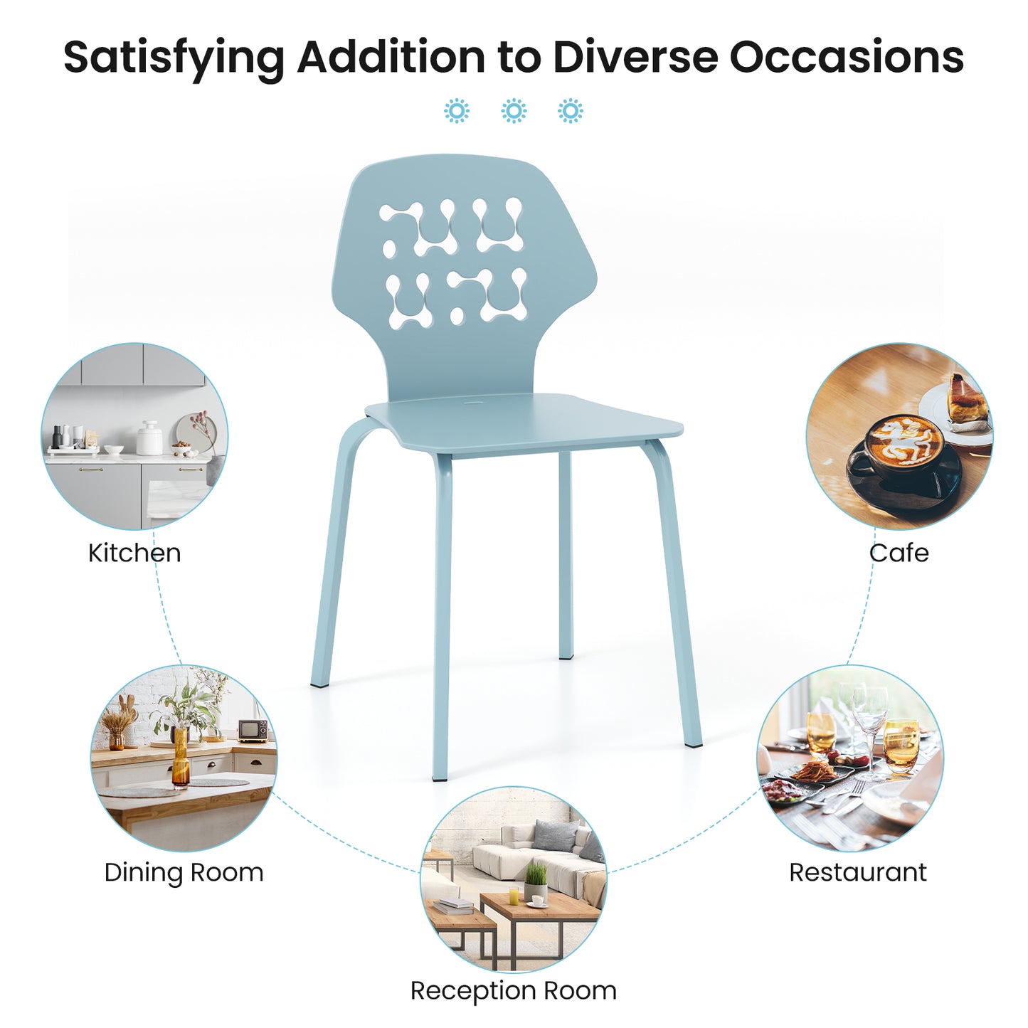Set of 4 Metal Dining Chair with Hollowed Backrest and Metal Legs-Blue