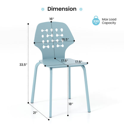 Set of 4 Metal Dining Chair with Hollowed Backrest and Metal Legs-Blue