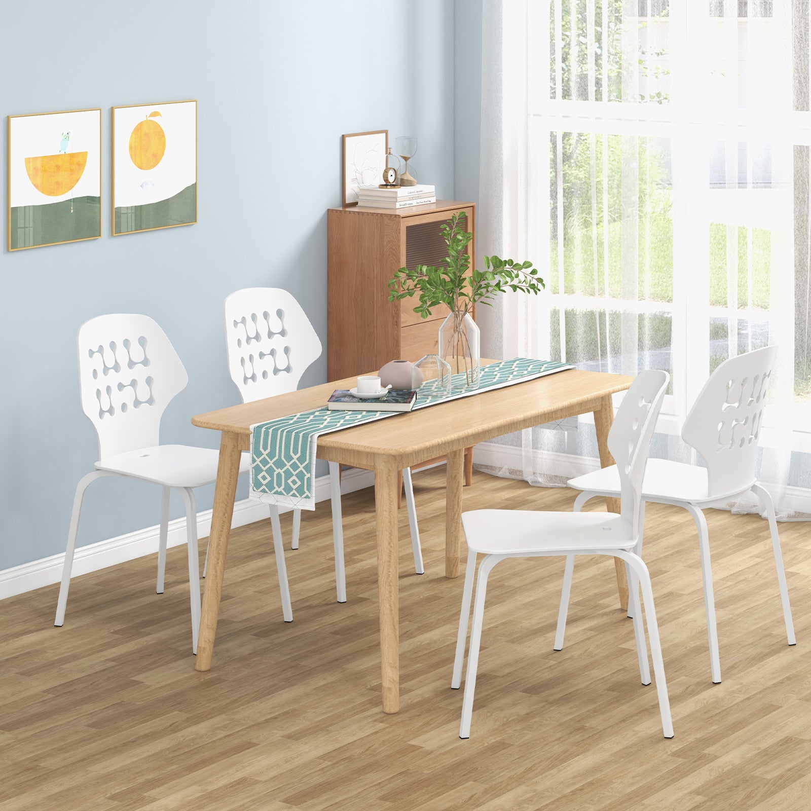 Set of 4 Metal Dining Chair with Hollowed Backrest and Metal Legs-White