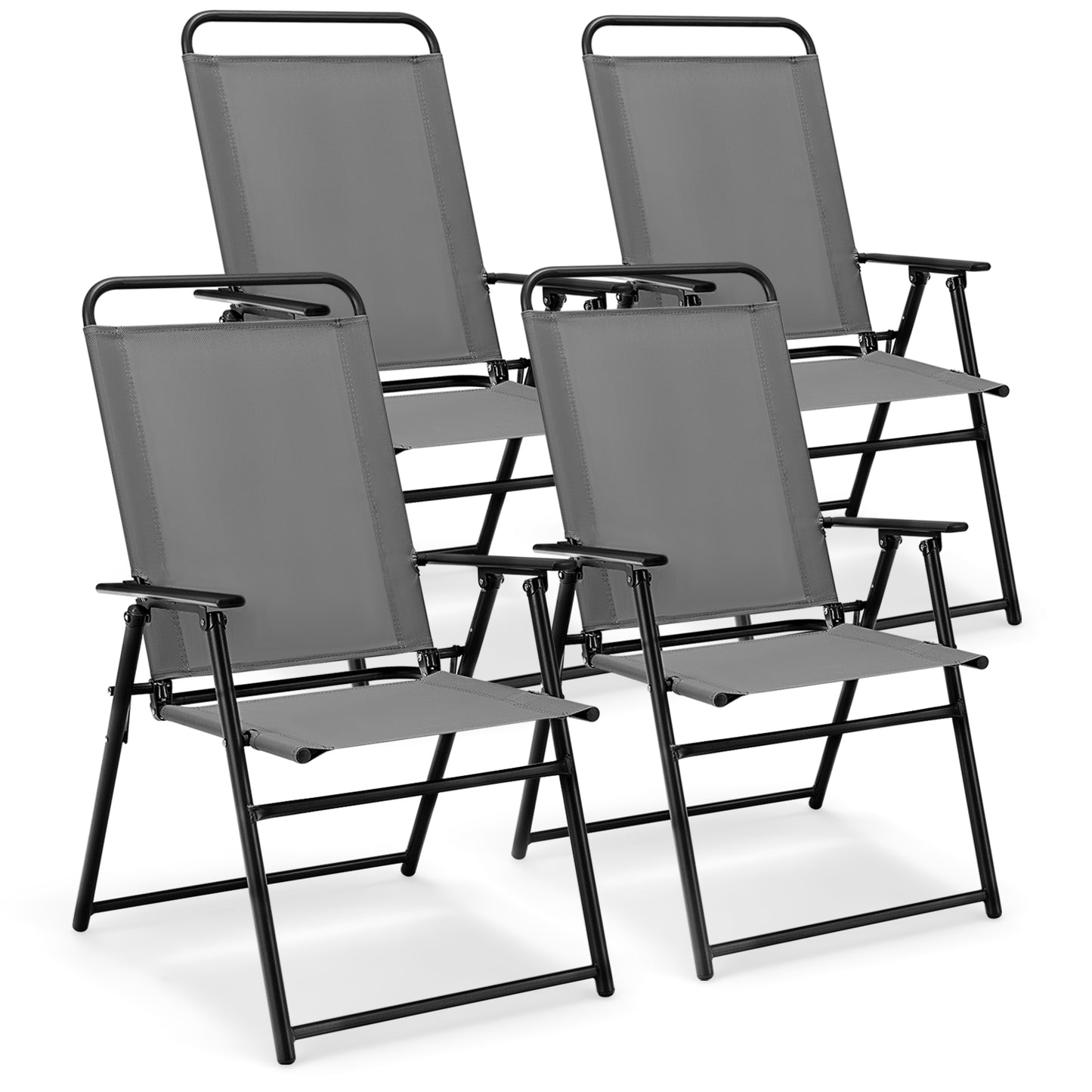 Outdoor Folding Sling Chairs Set of 4 with Armrest and Backrest-Black - Gray