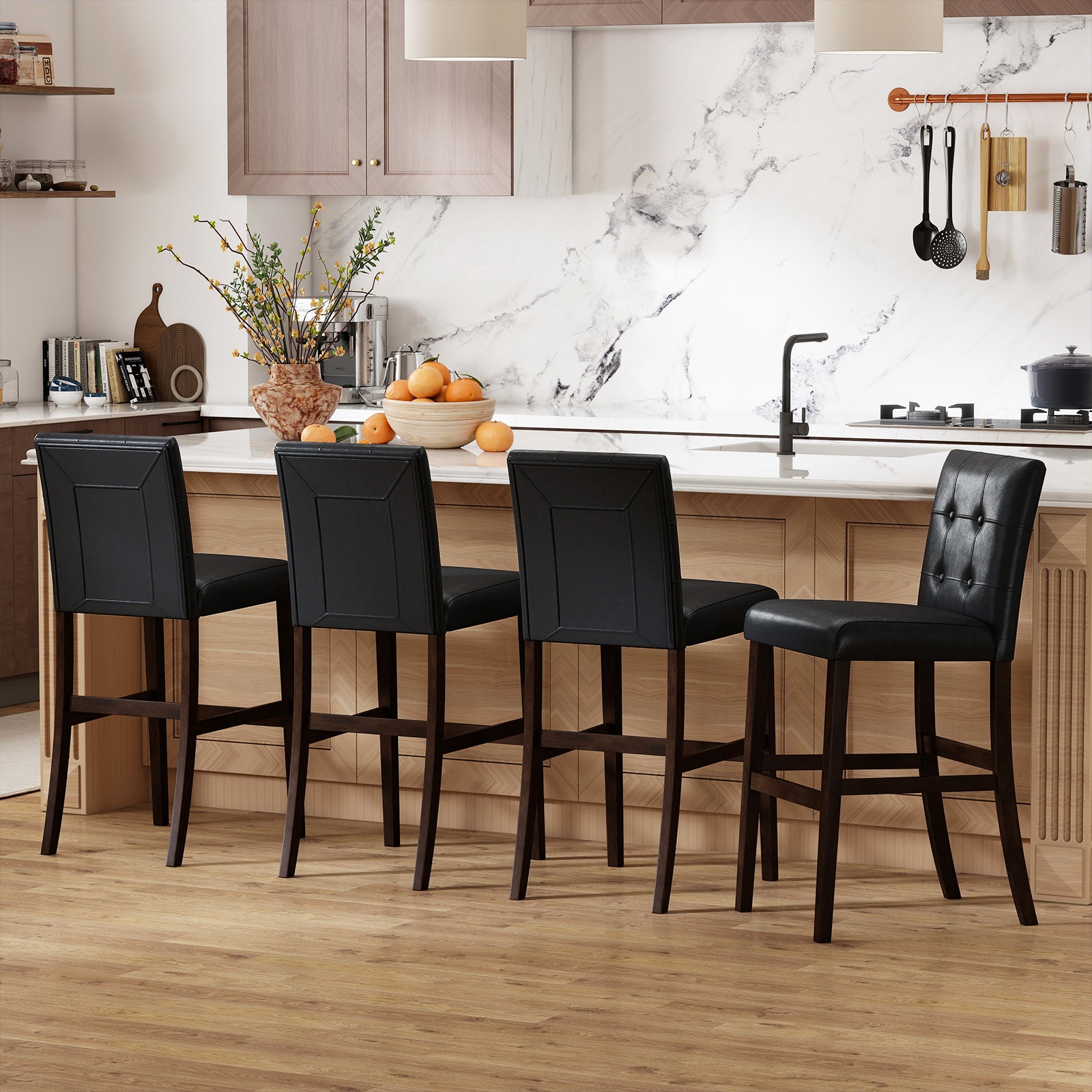 Set of 4 PVC Dining Leather Bar Stools with Solid Wood Legs-24 icnh