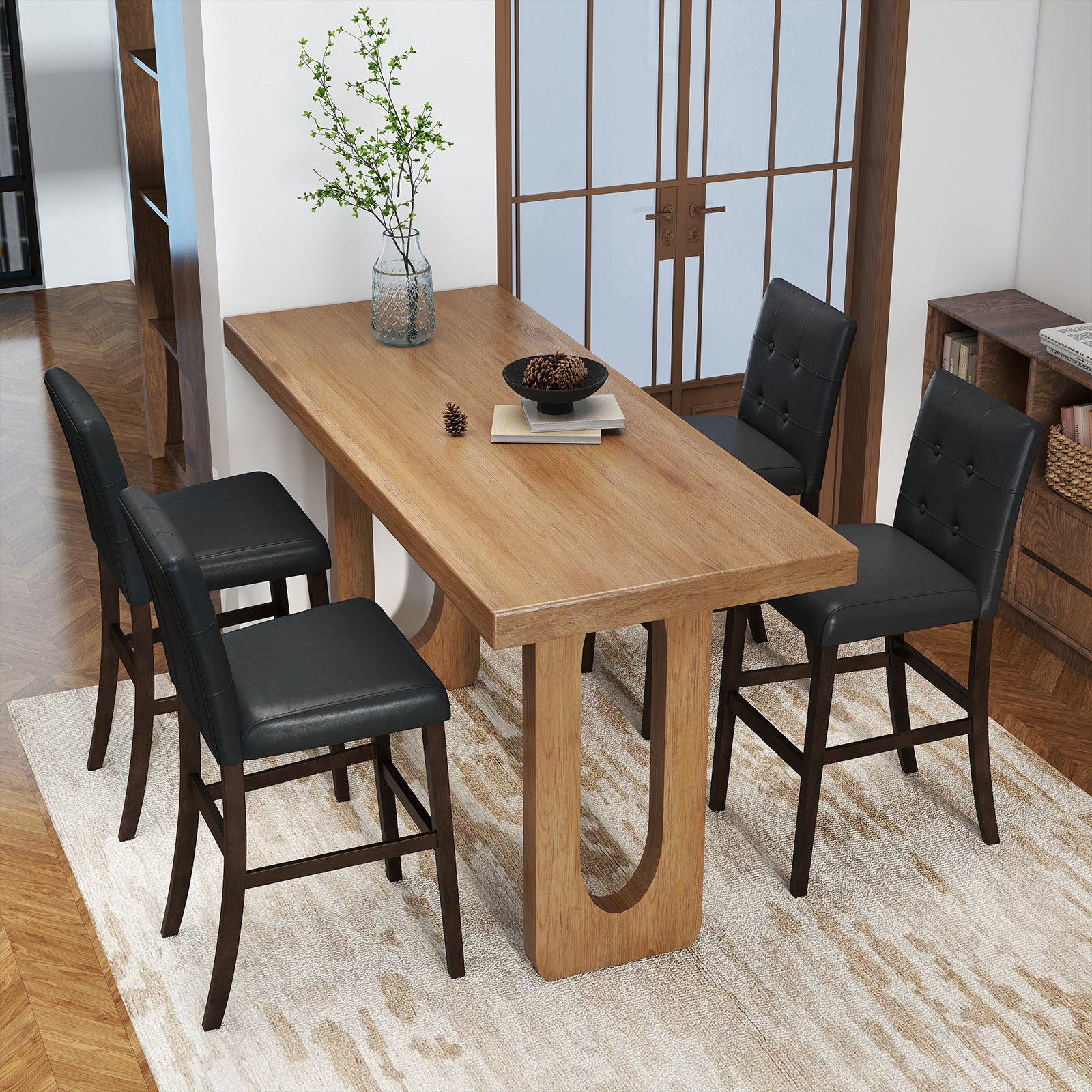 Set of 4 PVC Dining Leather Bar Stools with Solid Wood Legs-24 icnh