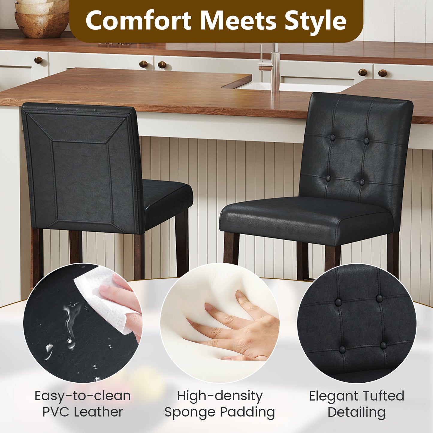 Set of 4 PVC Dining Leather Bar Stools with Solid Wood Legs-24 icnh
