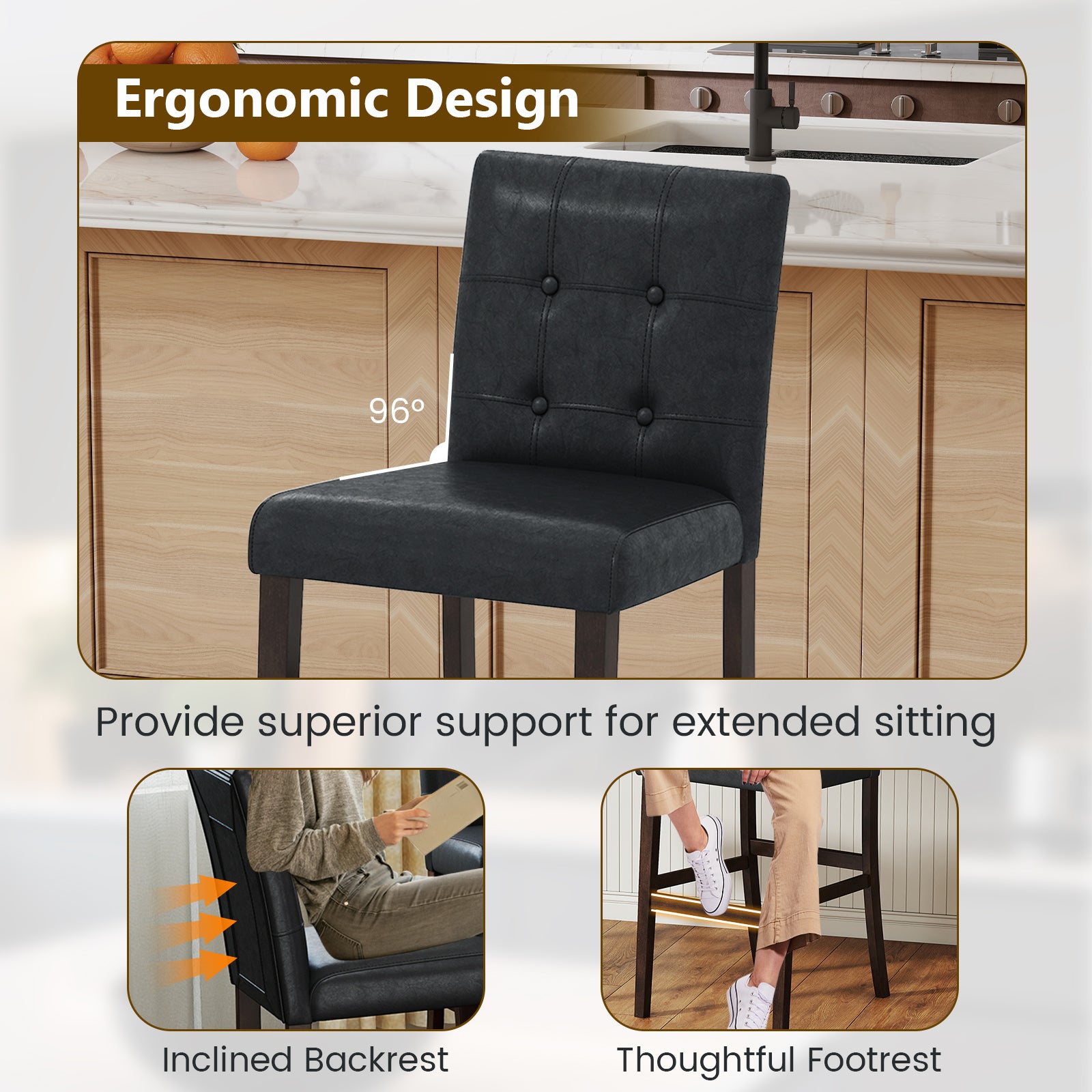 Set of 4 PVC Dining Leather Bar Stools with Solid Wood Legs-24 icnh