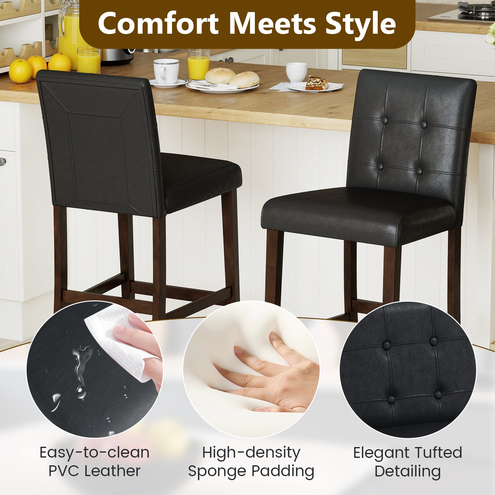 Set of 4 PVC Dining Leather Bar Stools with Solid Wood Legs-29 inch
