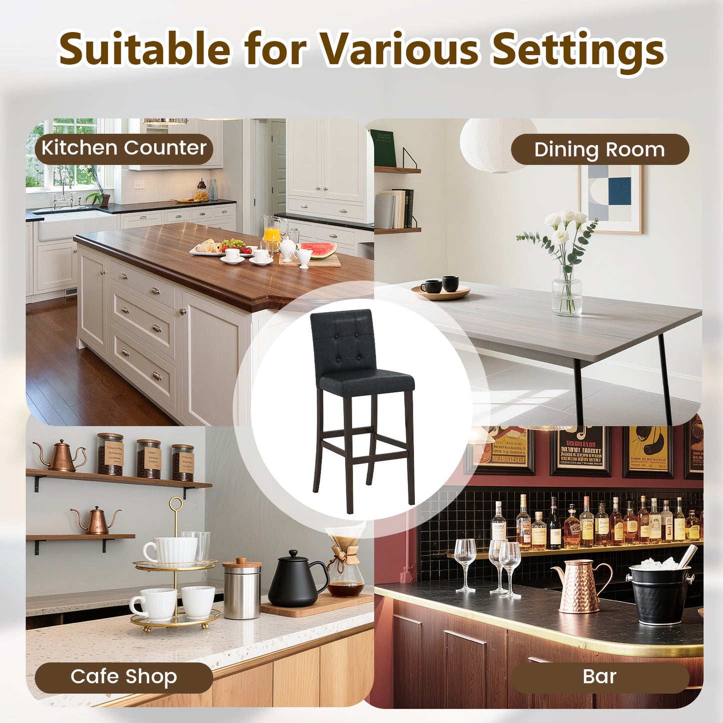 Set of 4 PVC Dining Leather Bar Stools with Solid Wood Legs-29 inch
