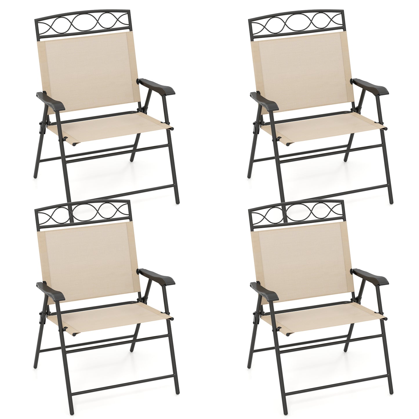 Set of 4 Patio Folding Chairs Set Dining Chairs with Armrests-Gray - Beige