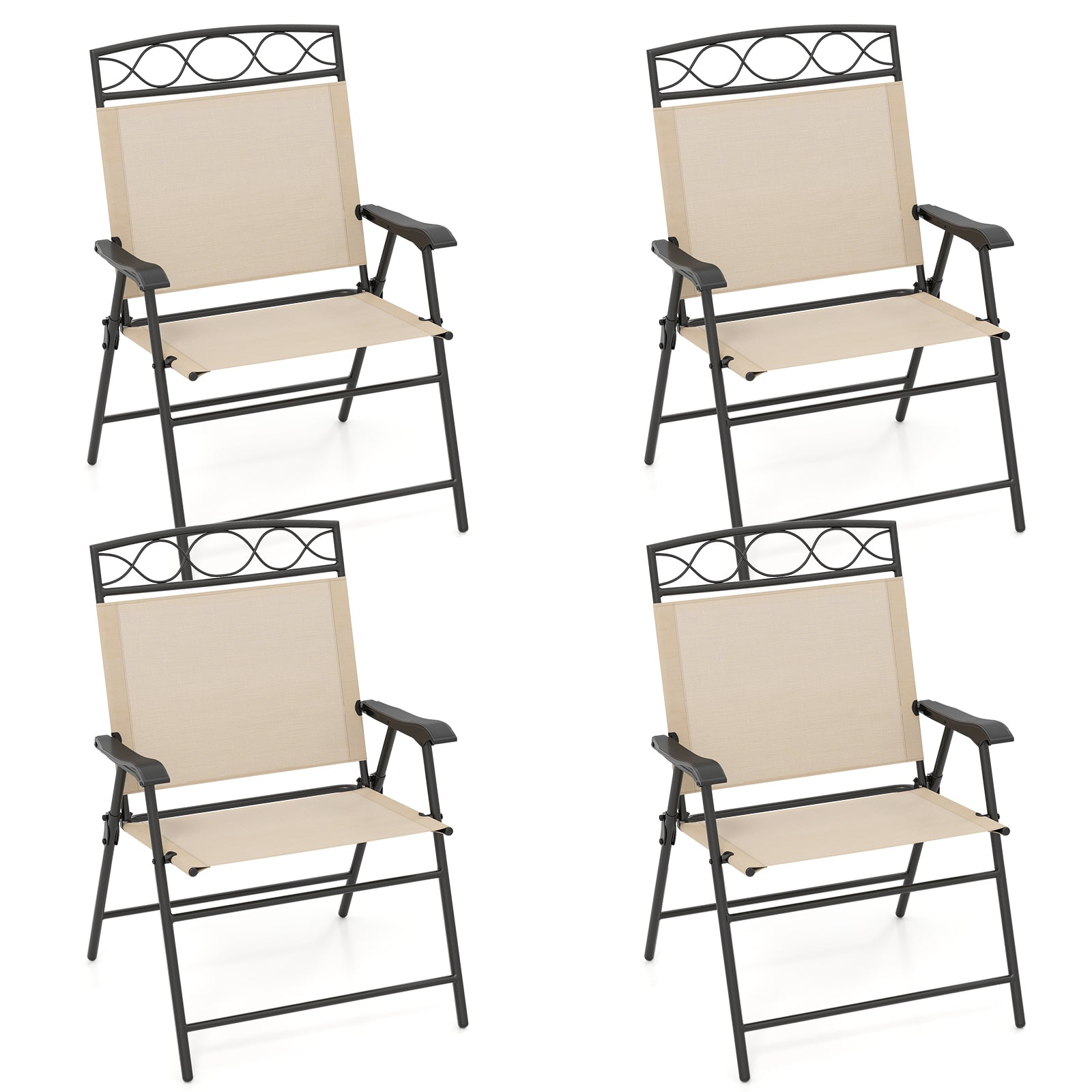 Set of 4 Patio Folding Chairs Set Dining Chairs with Armrests-Gray - Beige