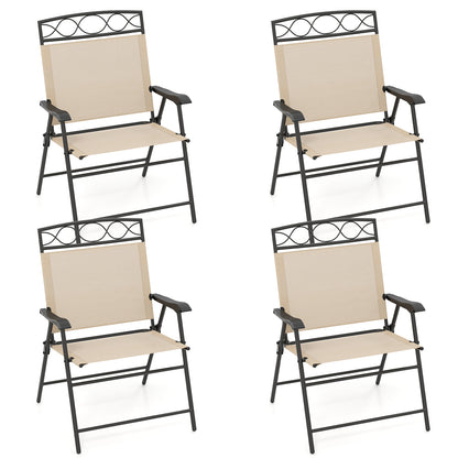 Set of 4 Patio Folding Chairs Set Dining Chairs with Armrests-Gray - Beige