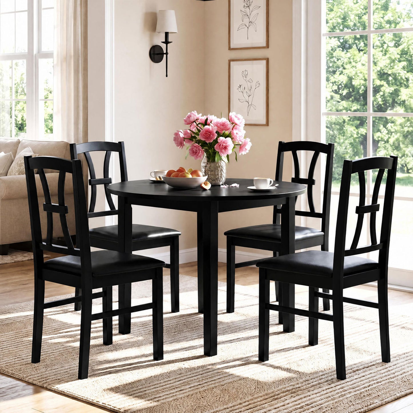Wooden Dining Chairs Set of 4 with Padded Faux Leather Seats