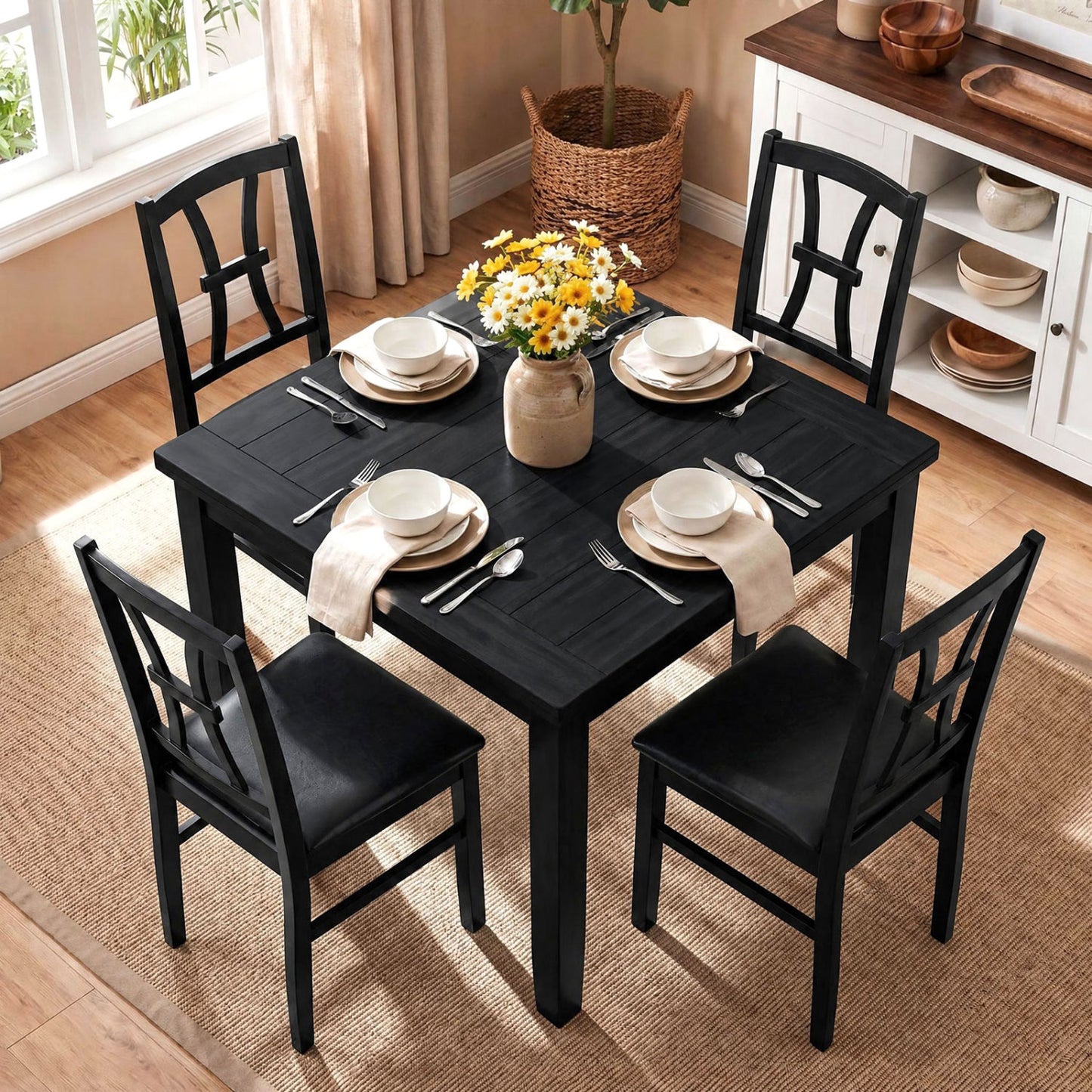 Wooden Dining Chairs Set of 4 with Padded Faux Leather Seats