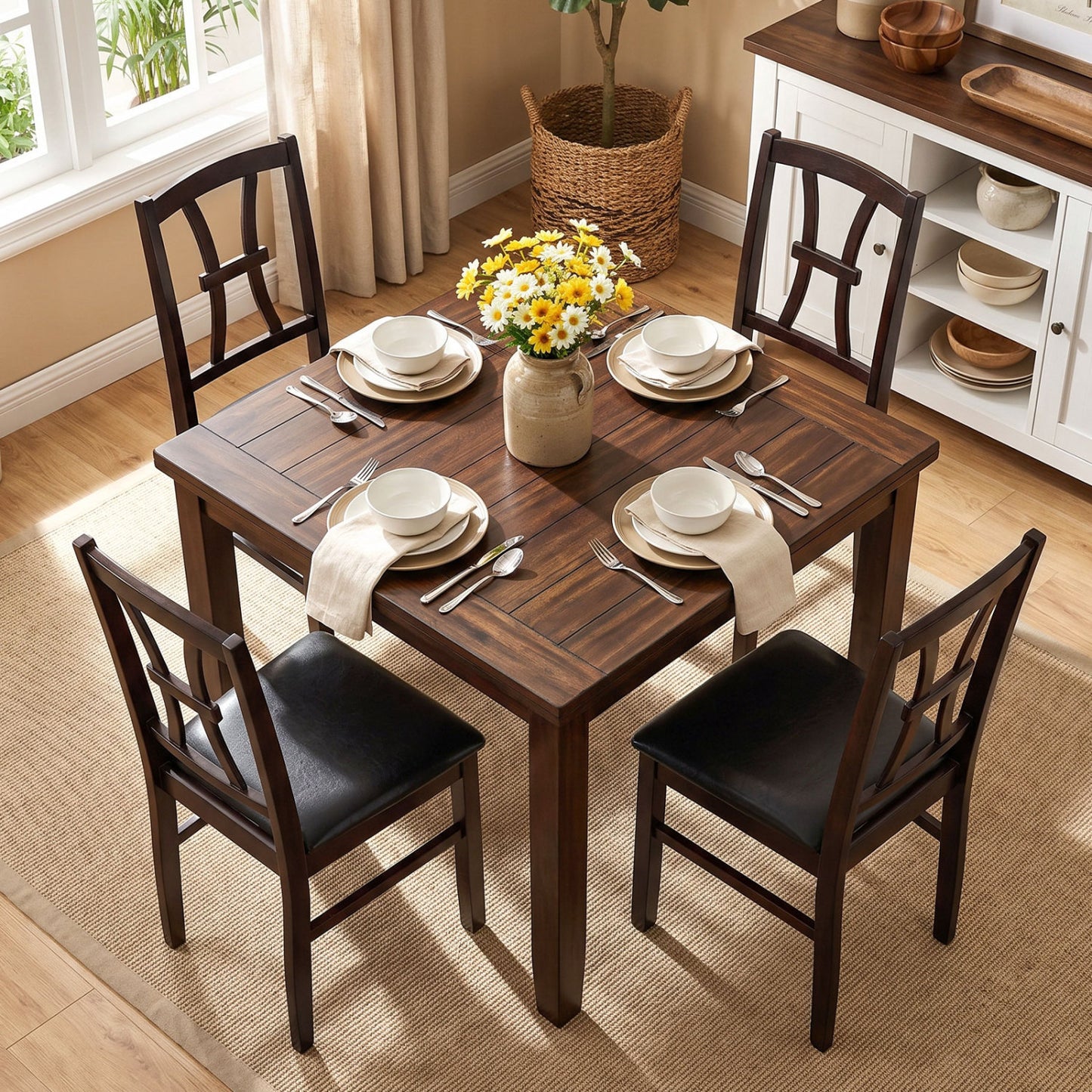 Wooden Dining Chairs Set of 4 with Padded Faux Leather Seats