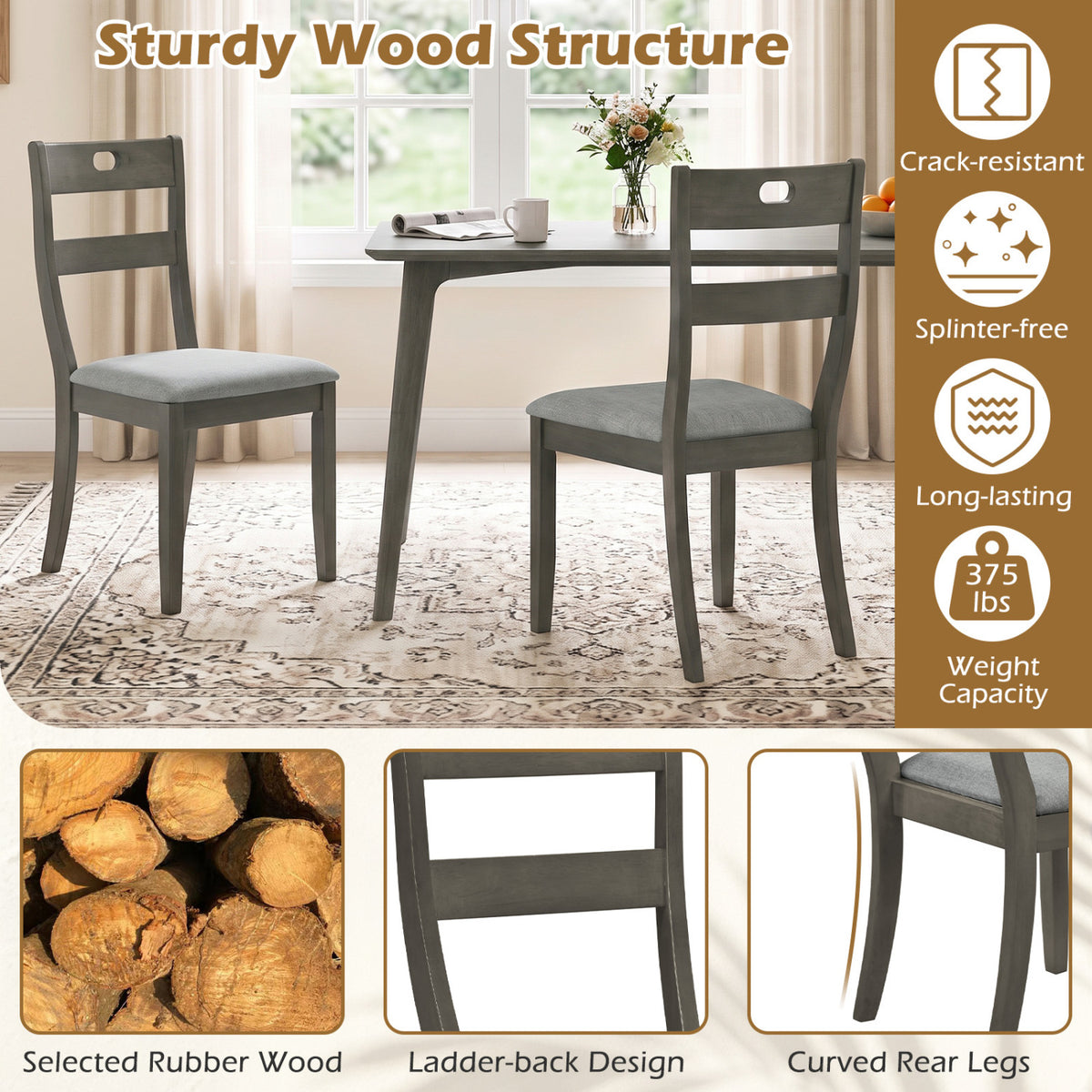 Wooden Dining Chairs Set of 4 with Padded Seats
