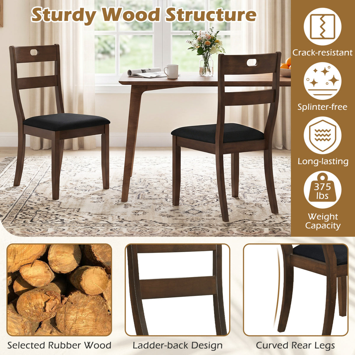 Wooden Dining Chairs Set of 4 with Padded Seats