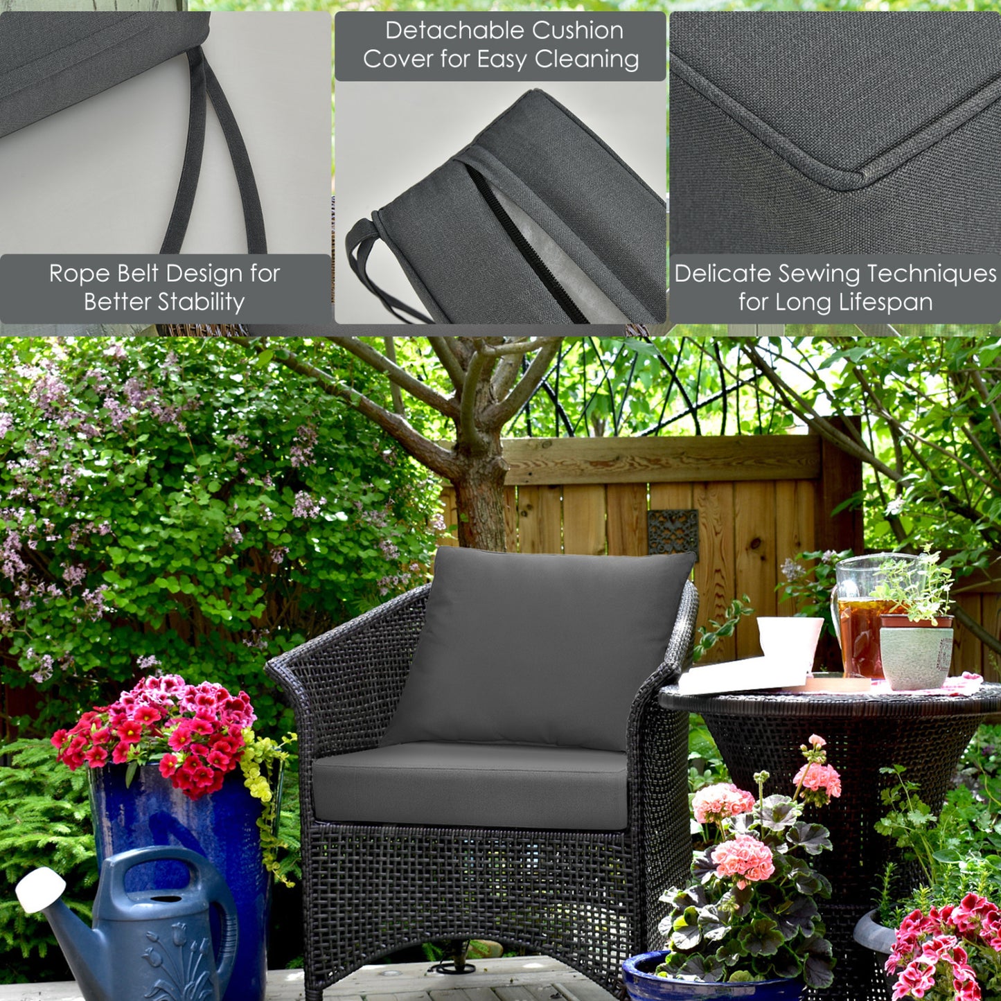 Deep Seat Chair Cushion Set of 6 with Rope Ties - Gray