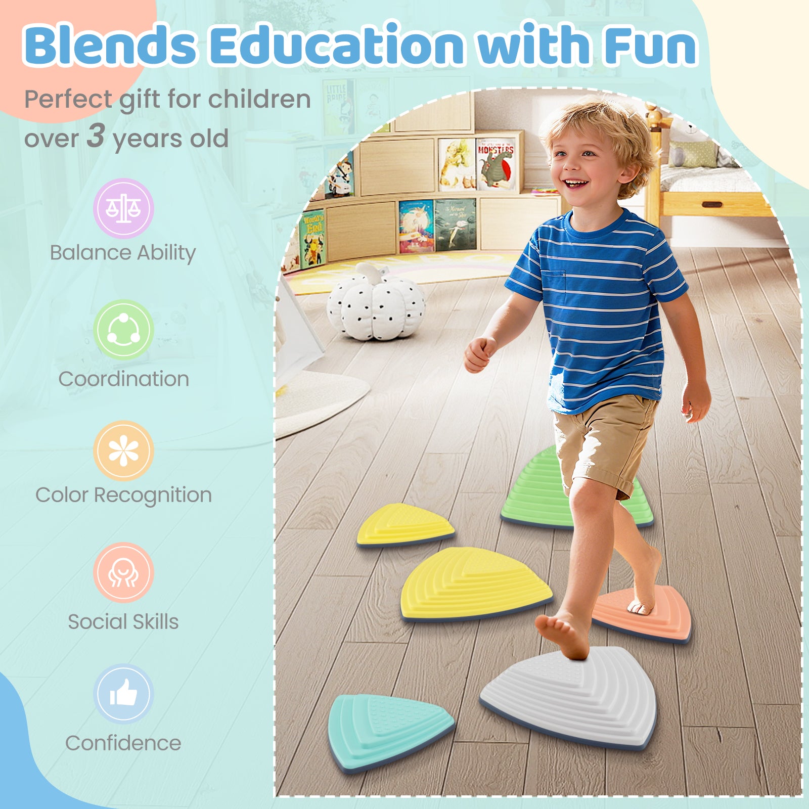 Set of 6 Stepping Stones for Kids Non-Slip Balance Stones with Storage Bag-Set of 6