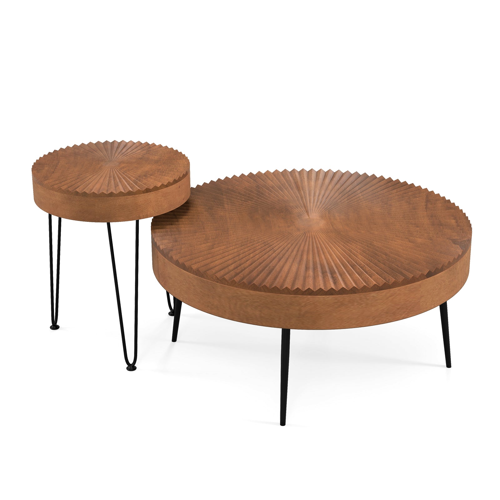 2 Set of Wooden Coffee Table with Metal Legs and Adjustable Foot Pads-Radial Pattern - Brown