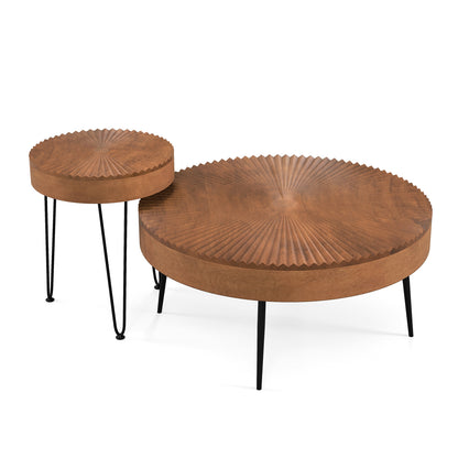 2 Set of Wooden Coffee Table with Metal Legs and Adjustable Foot Pads-Radial Pattern - Brown