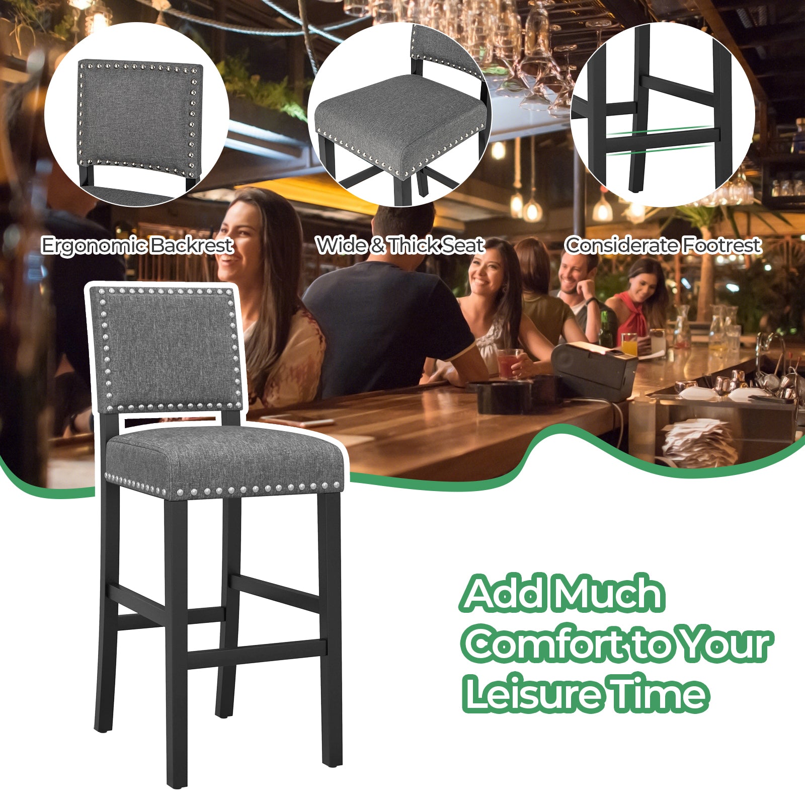 38.5/43.5 Inch Set of 2 Counter Height Chairs with Solid Rubber Wood Frame-M