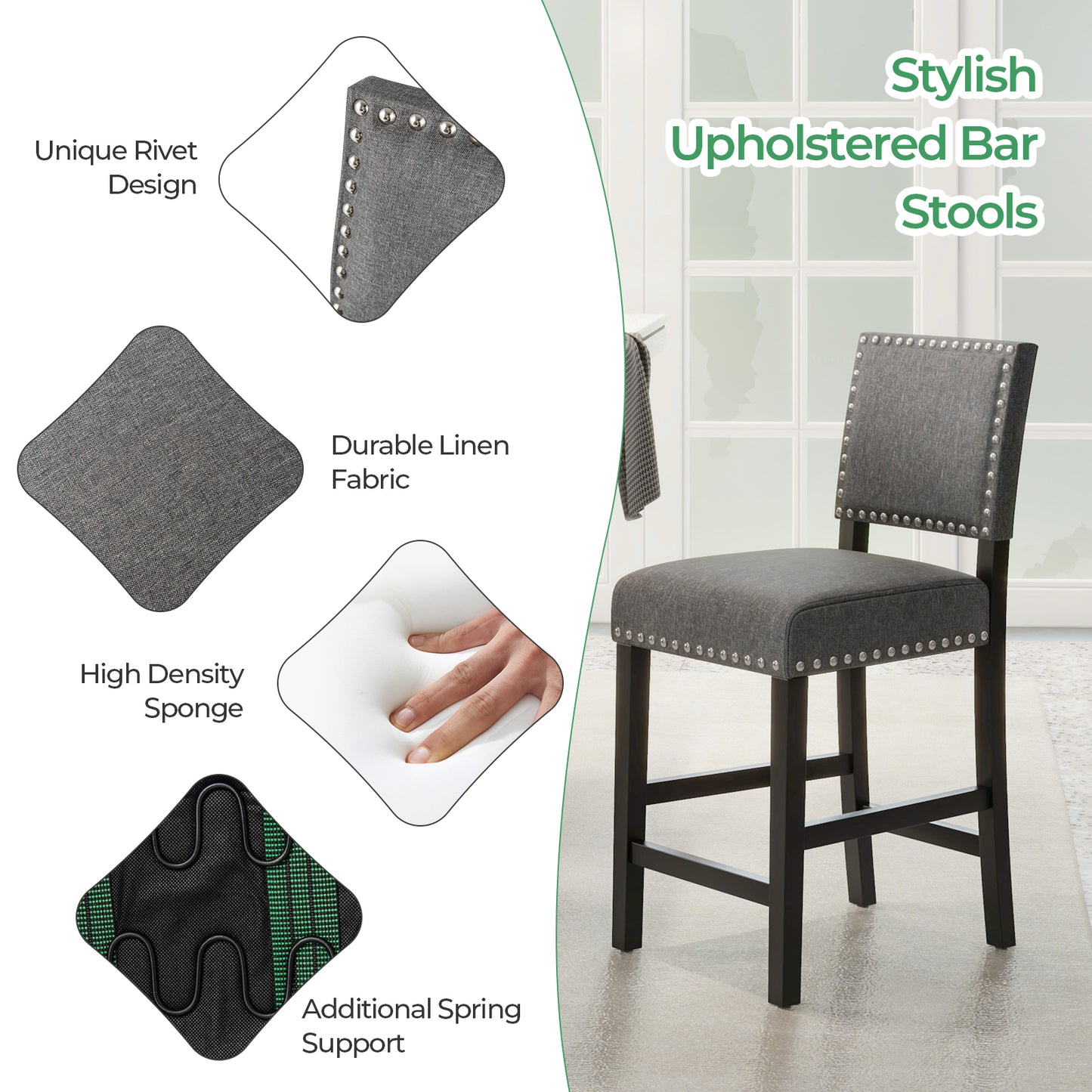38.5/43.5 Inch Set of 2 Counter Height Chairs with Solid Rubber Wood Frame-S