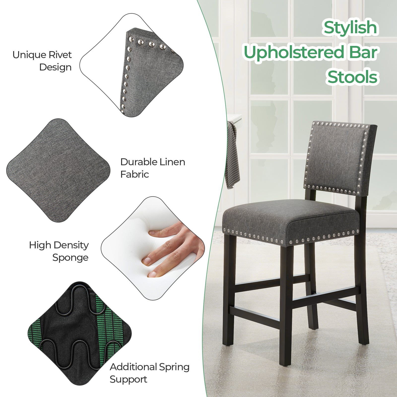 38.5/43.5 Inch Set of 2 Counter Height Chairs with Solid Rubber Wood Frame-S