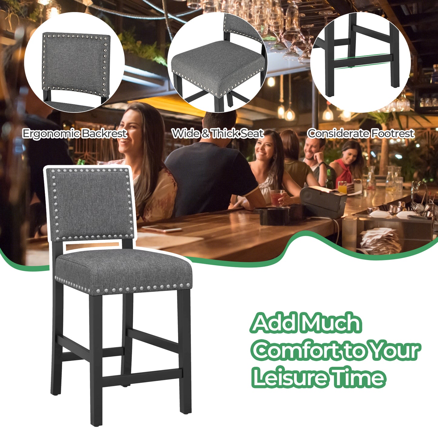 38.5/43.5 Inch Set of 2 Counter Height Chairs with Solid Rubber Wood Frame-S