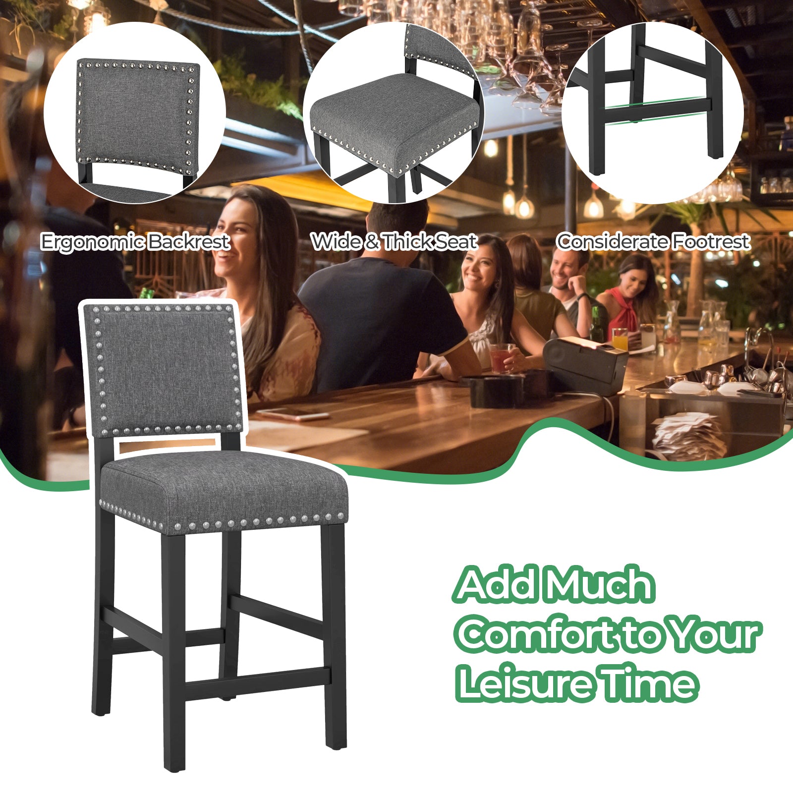 38.5/43.5 Inch Set of 2 Counter Height Chairs with Solid Rubber Wood Frame-S