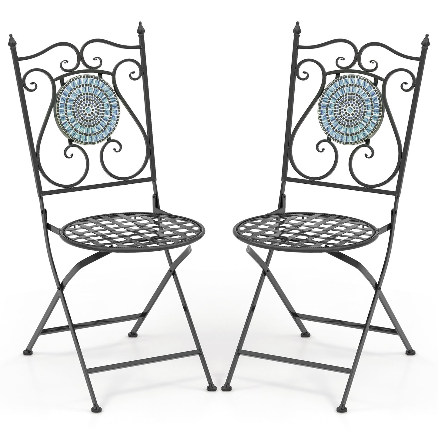 Set of 2 Mosaic Chairs for Patio Metal Folding Chairs-Black & Blue - Black & Blue
