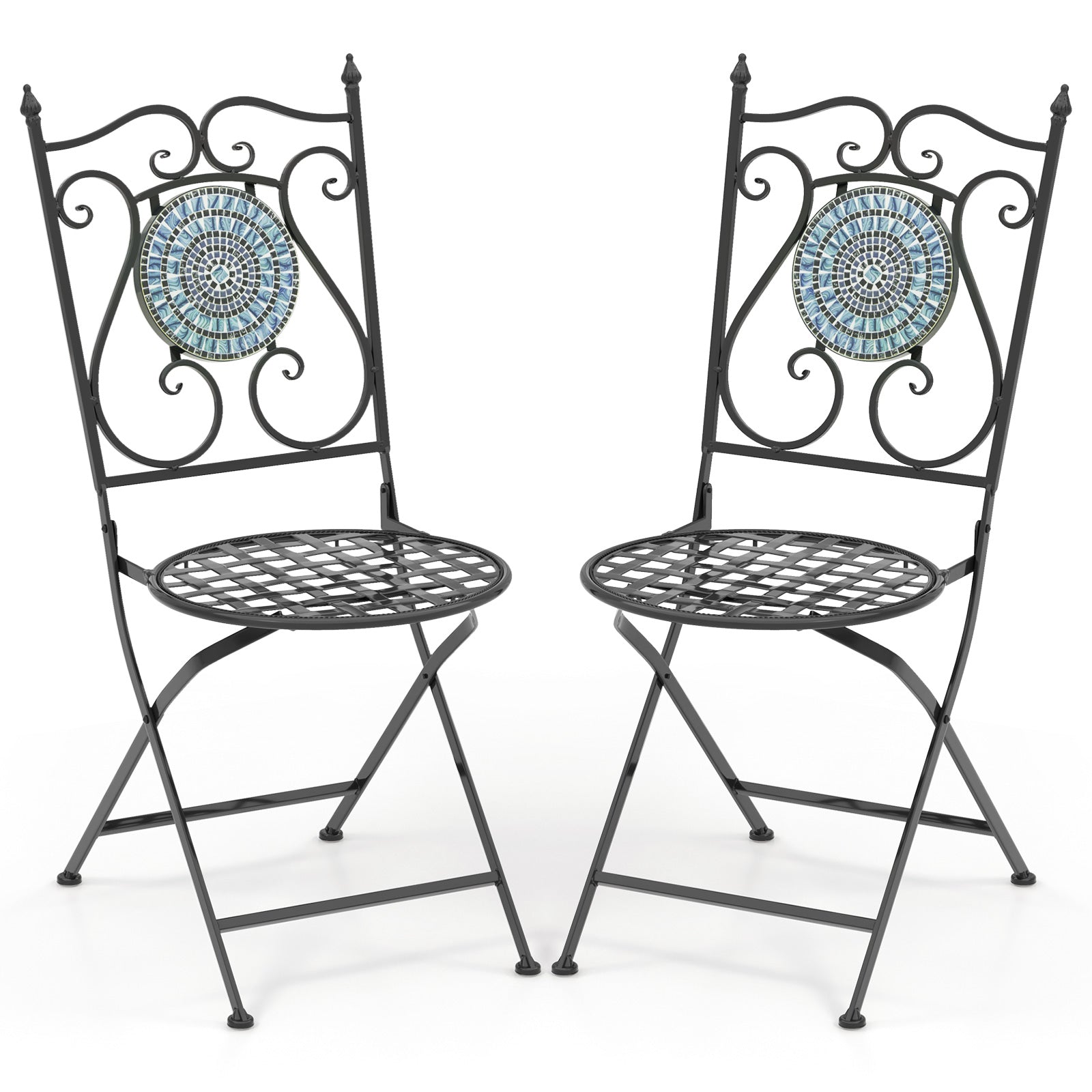 Set of 2 Mosaic Chairs for Patio Metal Folding Chairs-Black & Blue - Black & Blue