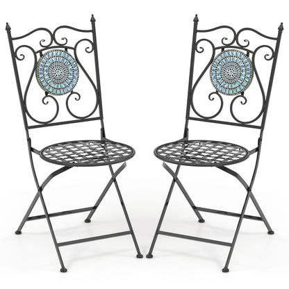 Set of 2 Mosaic Chairs for Patio Metal Folding Chairs-Black & Blue - Black & Blue