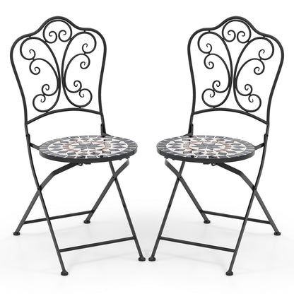 Set of 2 Mosaic Chairs for Patio Metal Folding Chairs-Black & Blue - Black