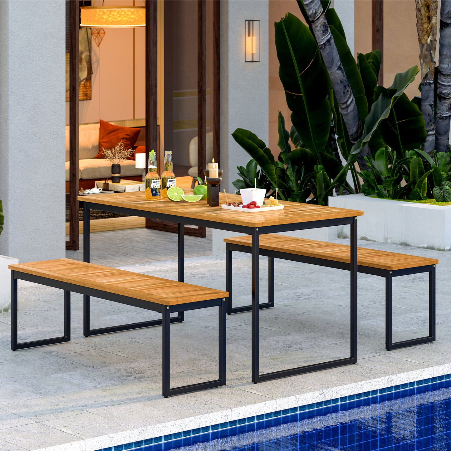 Set of 2 Patio Dining Bench for 2-3 Person Indoor Outdoor