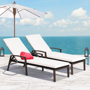 2 Pieces Patio Rattan Reclining Chaise Lounge Chair with Cushion and Armrest-Red & White