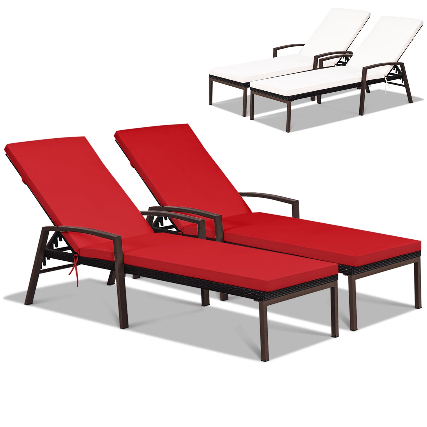 2 Pieces Patio Rattan Adjustable Back Lounge Chair with Armrest and Removable Cushions-White - Red & White