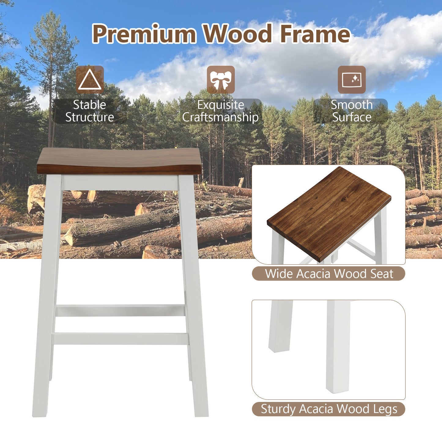 24.5-Inch Set of 2 Saddle Stools Bar Stools with Footrests for Kitchen Island-Walnut & Gray