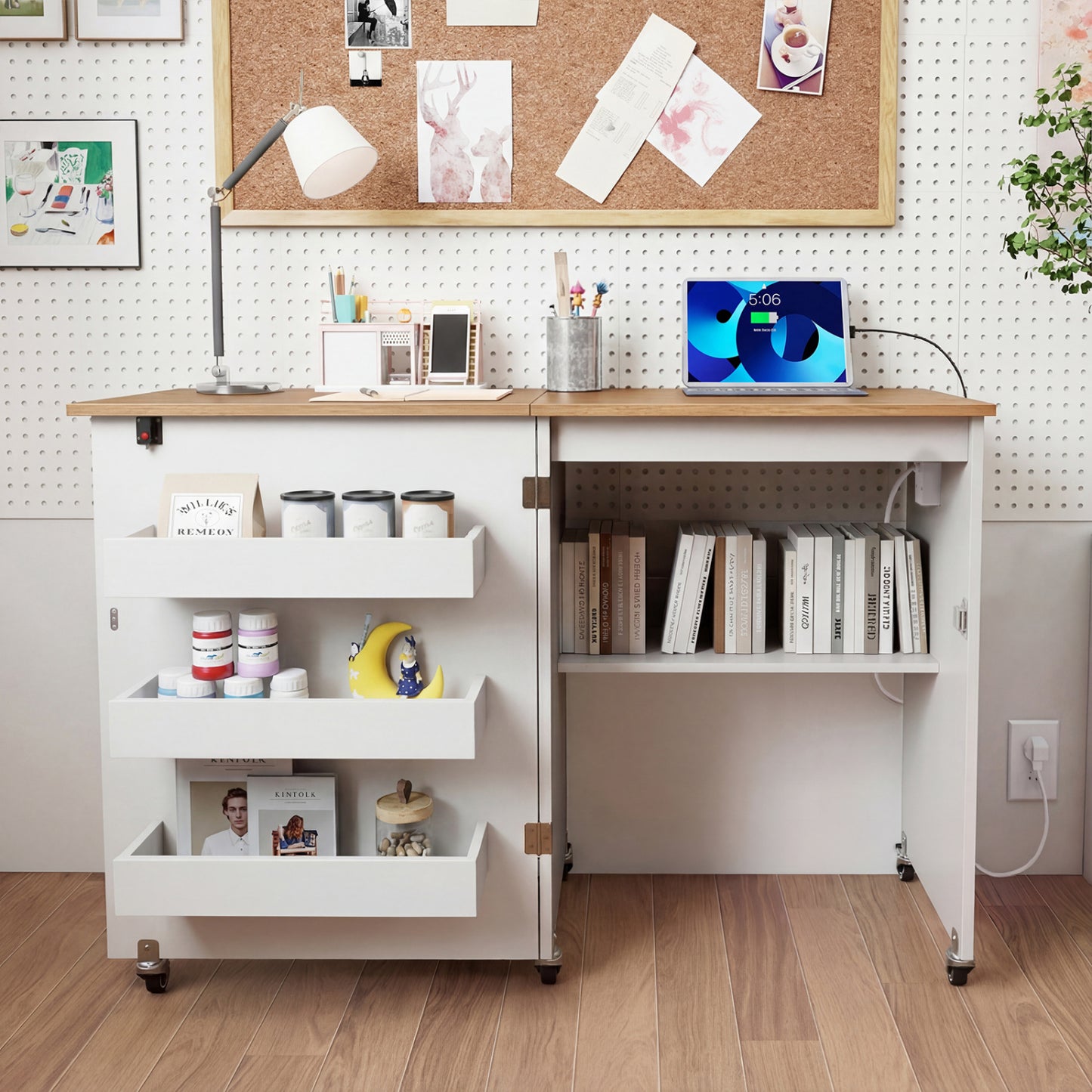 Folding Sewing Table with Charging Station and Casters