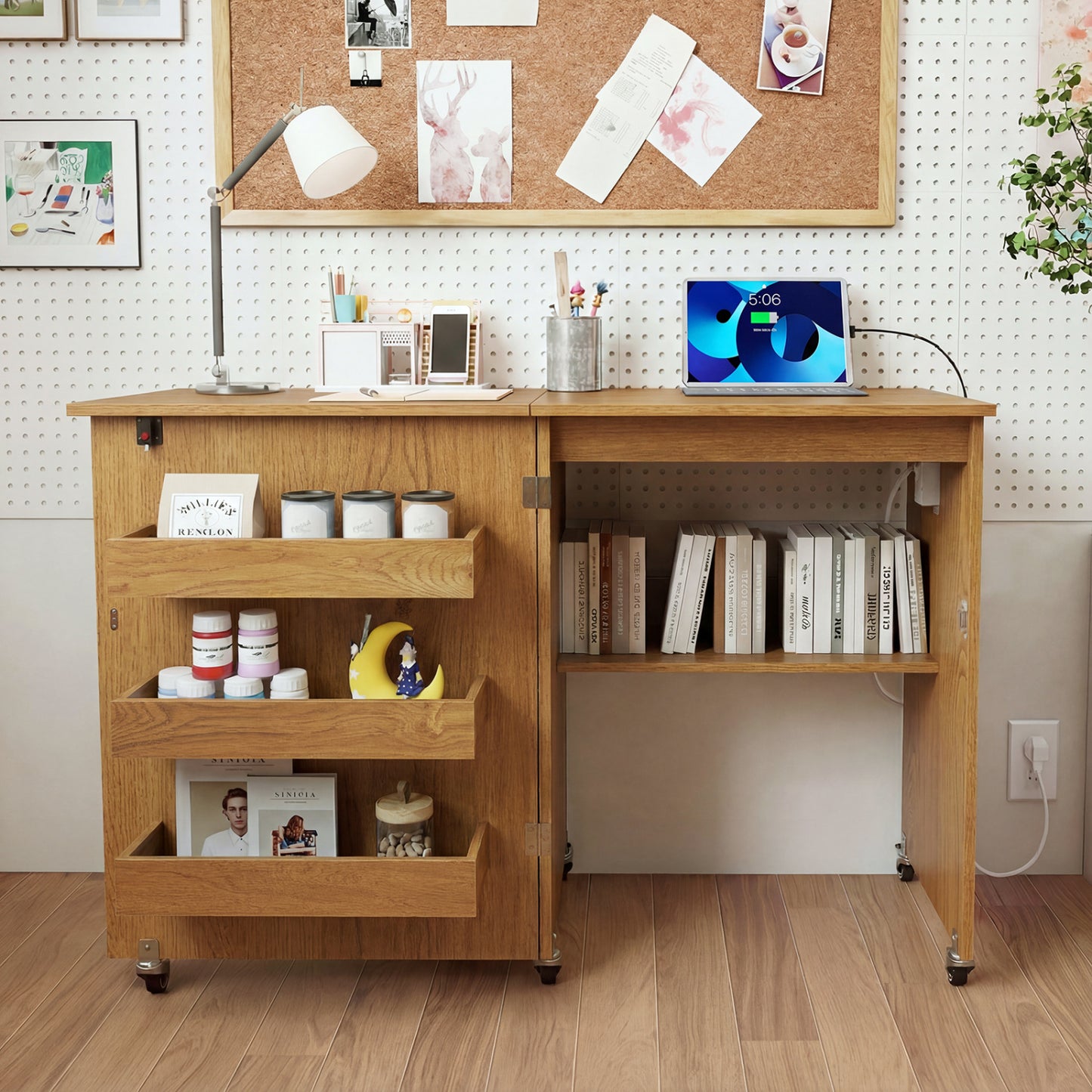 Folding Sewing Table with Charging Station and Casters