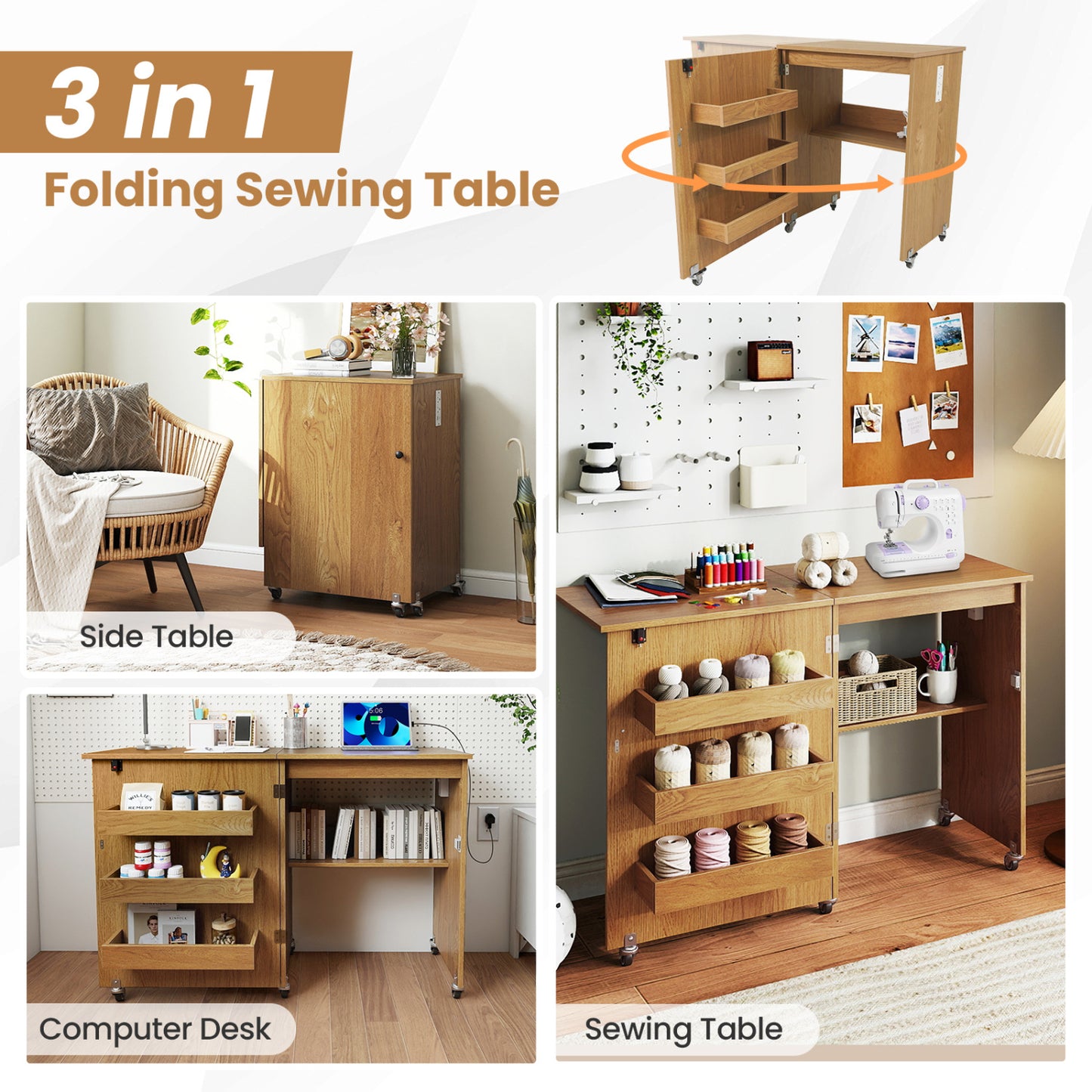 Folding Sewing Table with Charging Station and Casters
