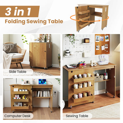 Folding Sewing Table with Charging Station and Casters