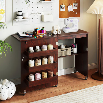 Folding Sewing Table with Charging Station and Casters
