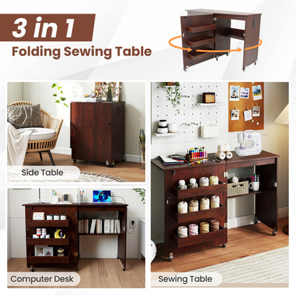 Folding Sewing Table with Charging Station and Casters