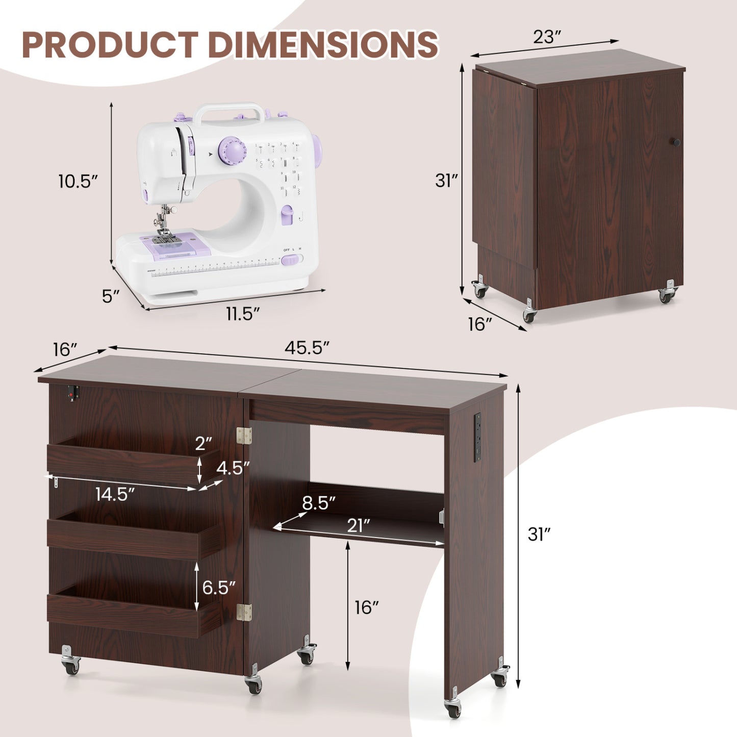 Folding Sewing Table with Charging Station and Casters