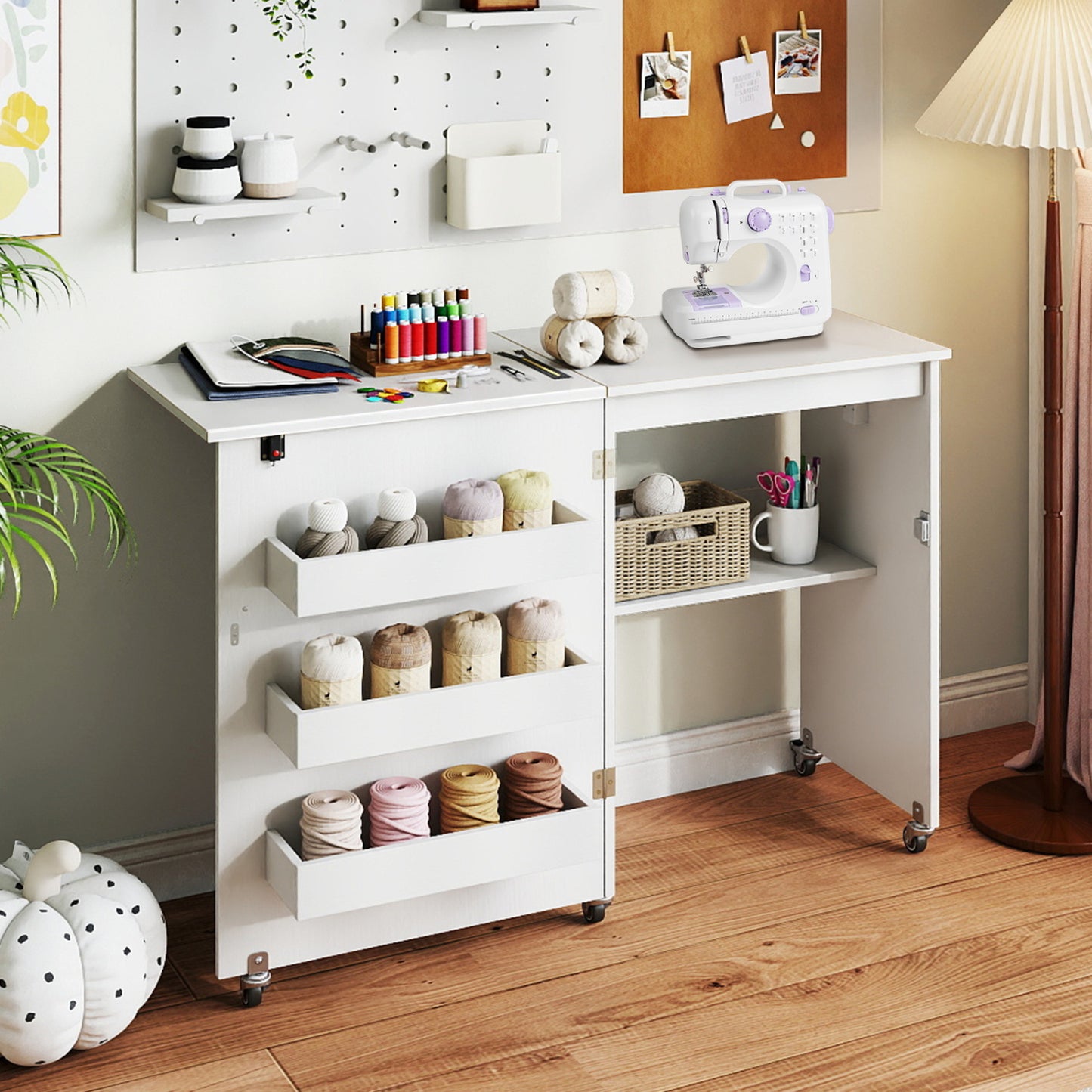 Folding Sewing Table with Charging Station and Casters