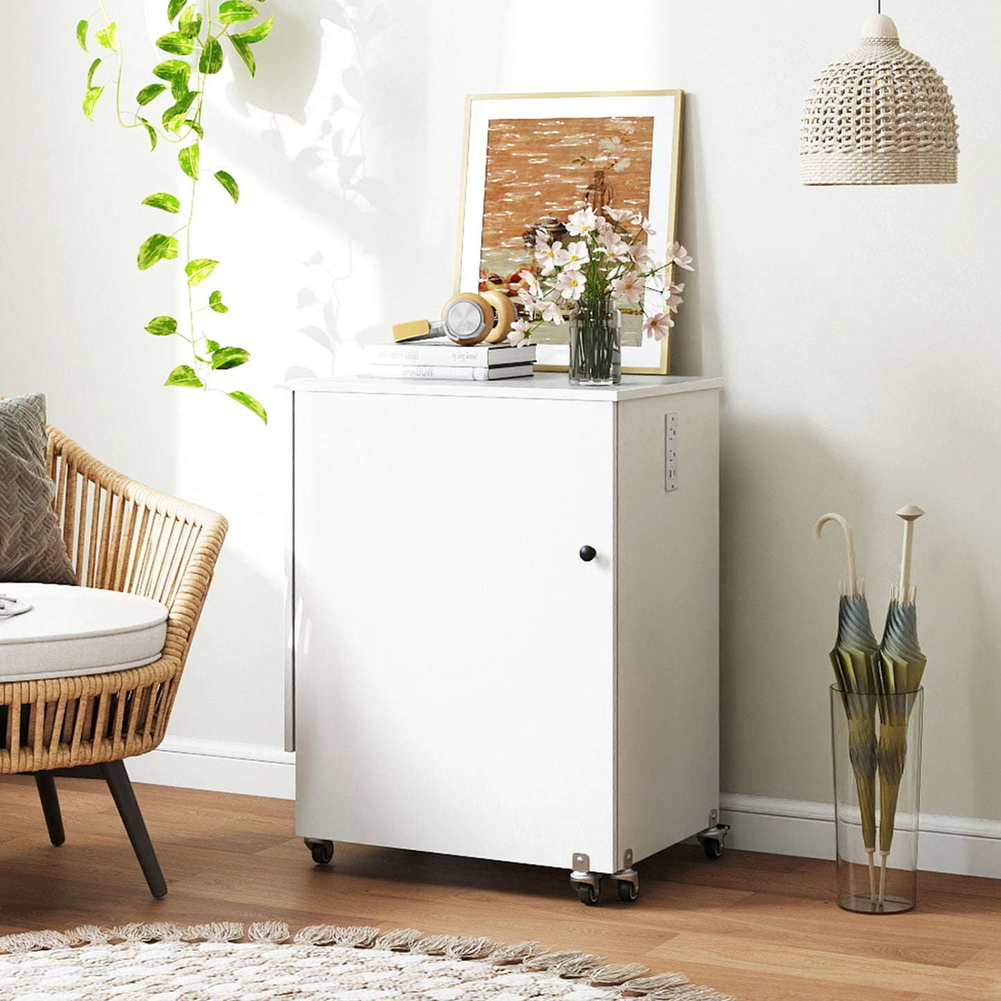 Folding Sewing Table with Charging Station and Casters