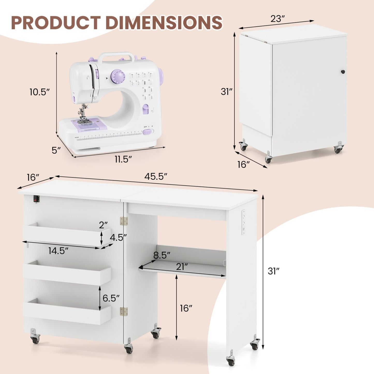 Folding Sewing Table with Charging Station and Casters