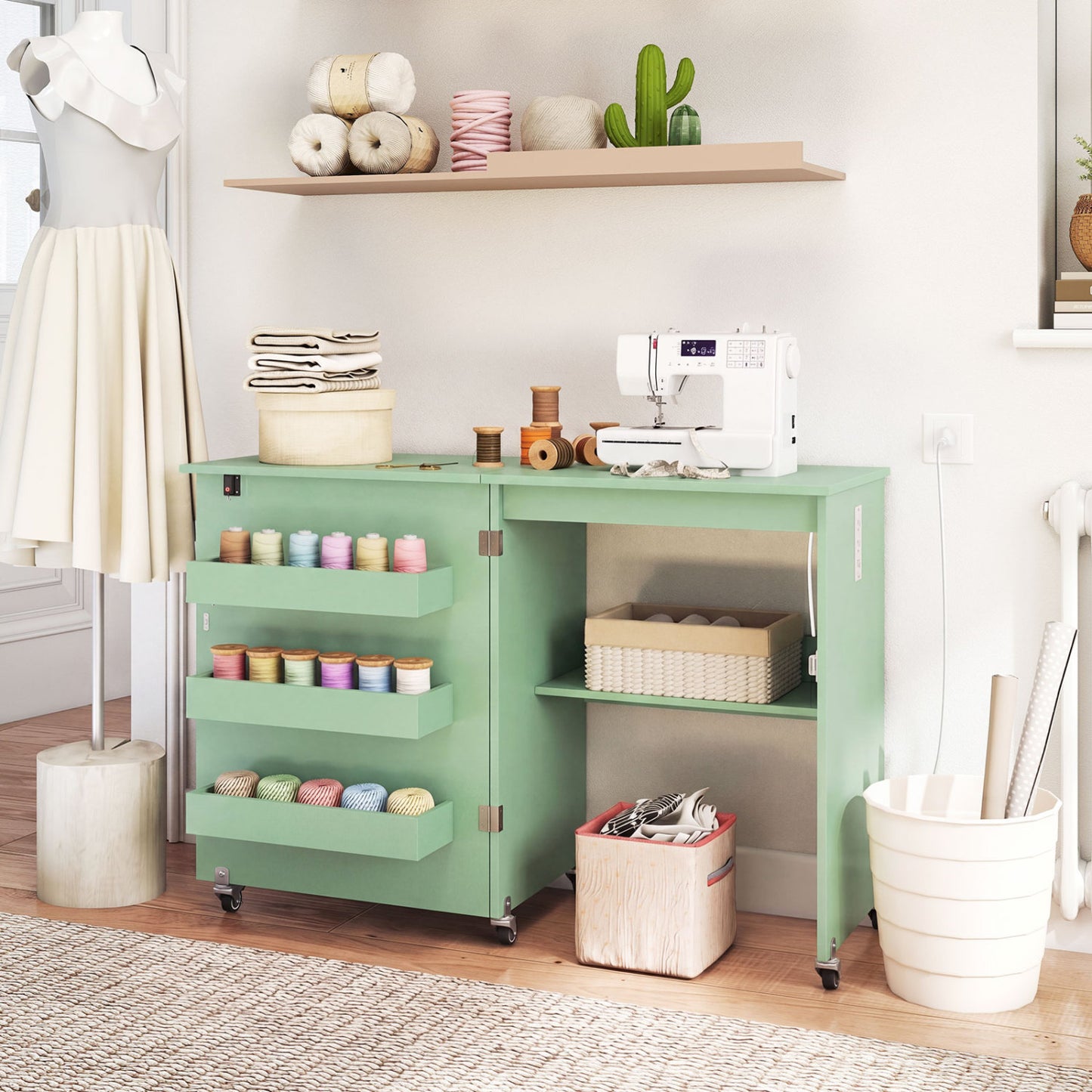 Folding Sewing Table with Charging Station and Casters