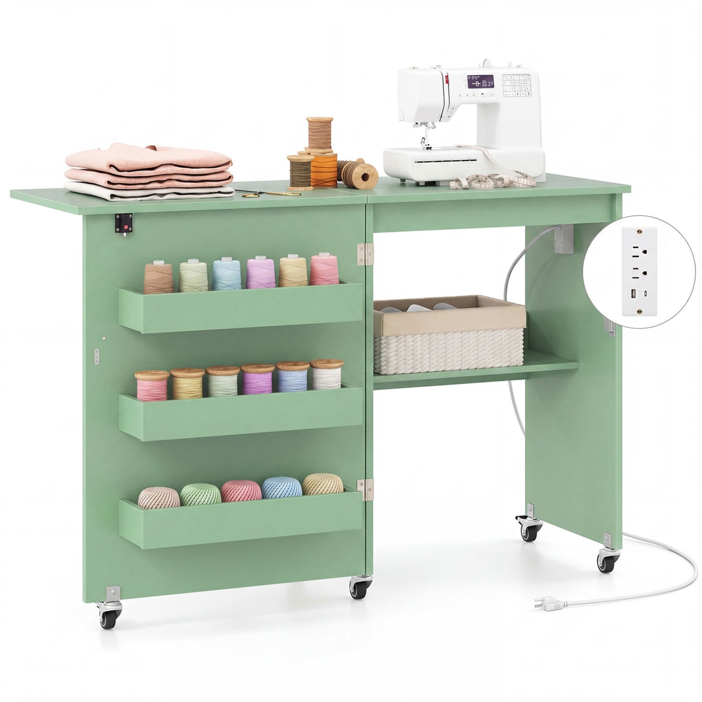 Folding Sewing Table with Charging Station and Casters
