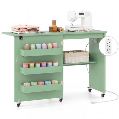 Folding Sewing Table with Charging Station and Casters